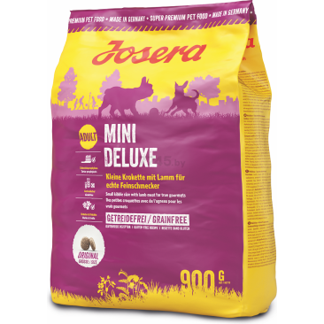 0,9кг Корм Josera MiniDeluxe (Adult Mini/Sensitive 25/17) беззерновой для взрослых собак мелких пород, с Ягнёнком, овощами, фруктами и травами