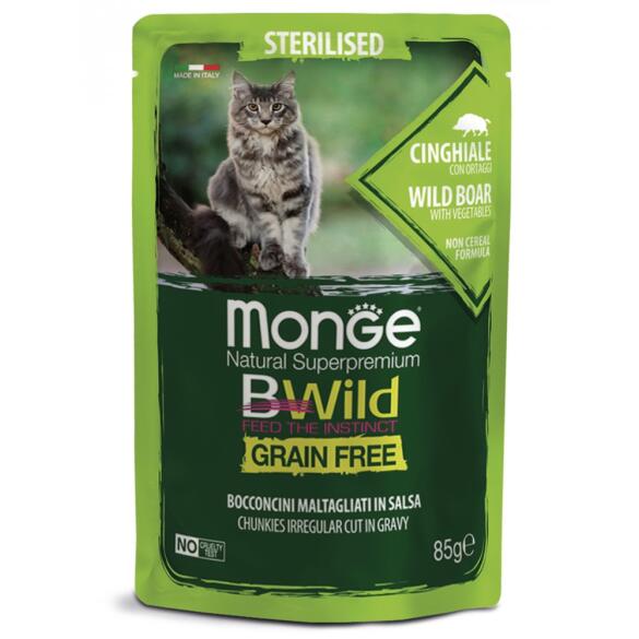 85гр Влажный корм Monge Cat BWild Grain Free Sterilised Boar/vegetables беззерновой для стерилизованных кошек с Кабаном и овощами (пауч)