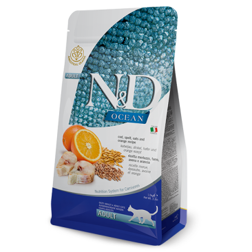 0,3кг Корм Farmina N&D Ocean Cat Godfish, Spelt, Oats & Orange Adult низкозерновой для взрослых кошек с Треской и апельсином