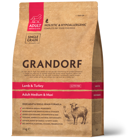 1кг Корм GRANDORF DOG Lamb&Turkey MEDIUM&MAXI BREEDS низкозерновой для собак средних и крупных пород, Ягнёнок с индейкой
