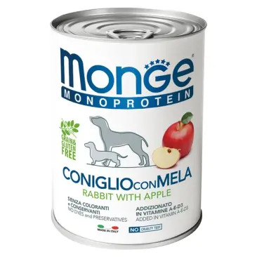 400гр Консервы Monge Dog Natural Monoprotein FRUIT Rabbit/Rice&Apple для взрослых собак, паштет из Кролика с рисом и яблоками