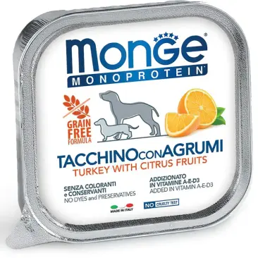150гр Влажный корм Monge Dog Monoprotein FRUIT Turkey/Citrus Fruits для взрослых собак, паштет из Индейки с цитрусовыми