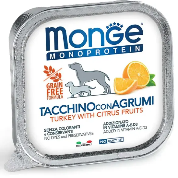 150гр Влажный корм Monge Dog Monoprotein FRUIT Turkey/Citrus Fruits для взрослых собак, паштет из Индейки с цитрусовыми