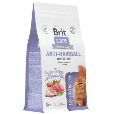 1,5кг Корм Brit Care Cat Anti-Hairball для кошек способствует выведению шерсти, белая рыба с индейкой