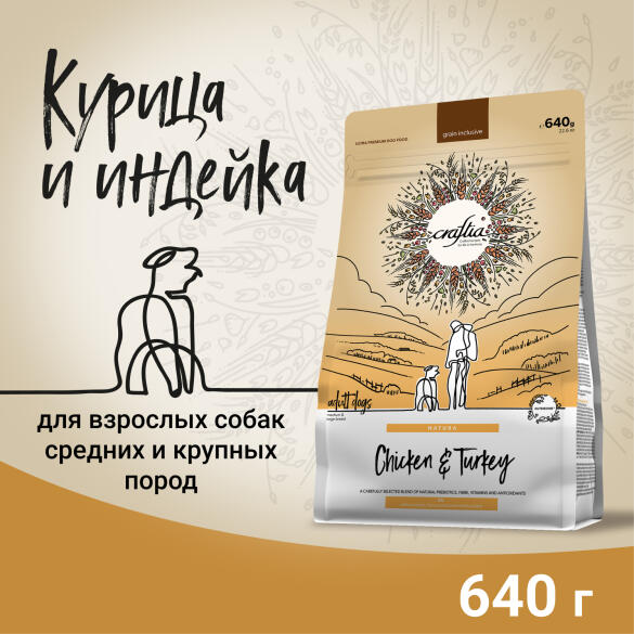 640гр Корм Craftia Natura Adult Medium&Large для взрослых собак средних и крупных пород из Курицы и индейки