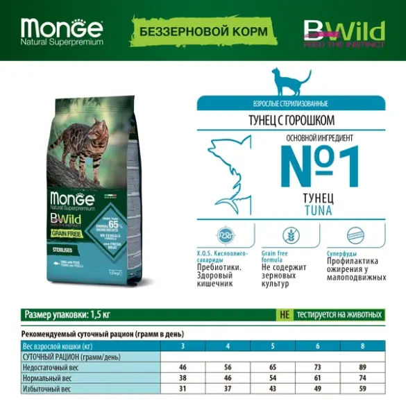 Корм в развес Monge Cat Bwild Grain Free Sterilized Tuna беззерновой для стерилизованных кошек с Тунцом, 1кг