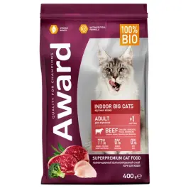 1,5кг Корм Award Indoor Big cats для взрослых домашних кошек крупных пород с Говядиной и Курицей с добавлением брокколи и юкки Шидигера
