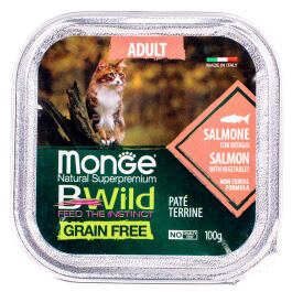 100гр Влажный корм Monge Cat BWild Grain Free Adult Salmon/vegetables беззерновой для взрослых кошек с Лососем и овощами, паштет