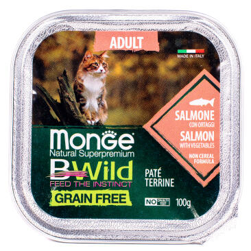 100гр Влажный корм Monge Cat BWild Grain Free Adult Salmon/vegetables беззерновой для взрослых кошек с Лососем и овощами, паштет