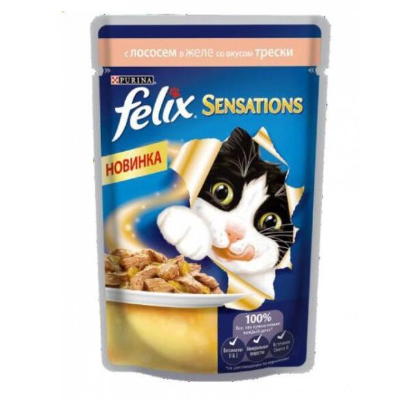 75гр Корм для кошек FELIX SENSATIONS с Лососем и Треской в желе