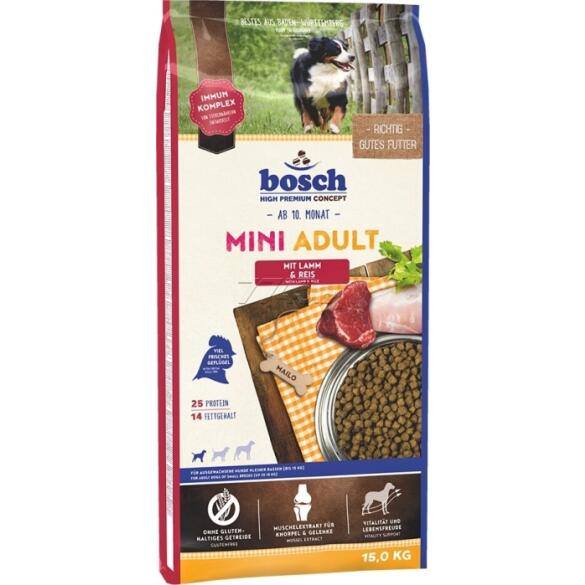 15кг Корм Bosch Mini Adult Lamb&Rice для собак маленьких пород с Ягненком и Рисом