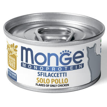 80гр Консервы Monge Cat Monoprotein беззерновые для взрослых кошек "Мясные Хлопья" из мяса Курицы