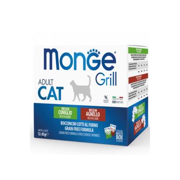 85гр*12шт Влажный корм Monge Cat GRILL MultiBOX Adult Rabbit&Lamb для взрослых кошек Микс с кусочками Кролика и Ягненка в желе (6шт кролика/ 6шт ягненка) пауч