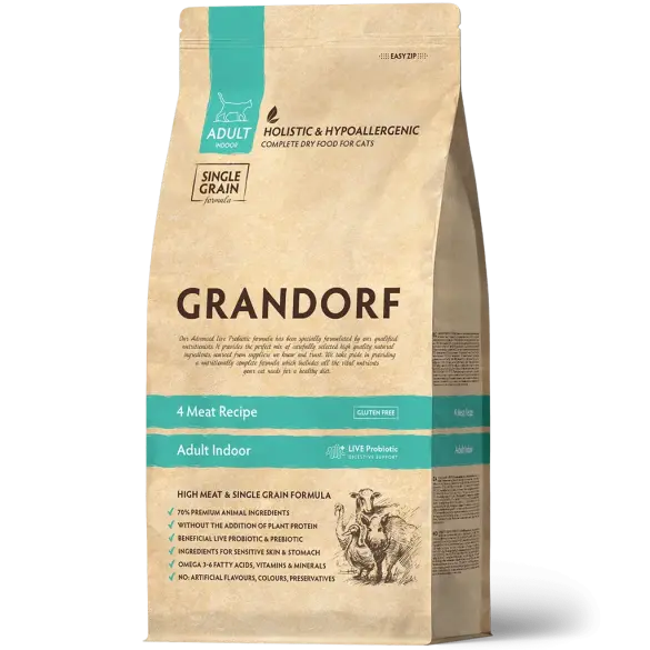 0,4кг Корм GRANDORF CAT 4 Meat PROBIOTIC INDOOR низкозерновой для кошек с пробиотиками и 4 вида мяса