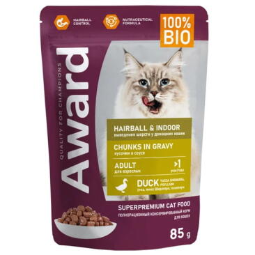 85г Влажный корм Award Hairball & Indoor для выведения шерсти у взрослых домашних кошек, кусочки в соусе с Уткой