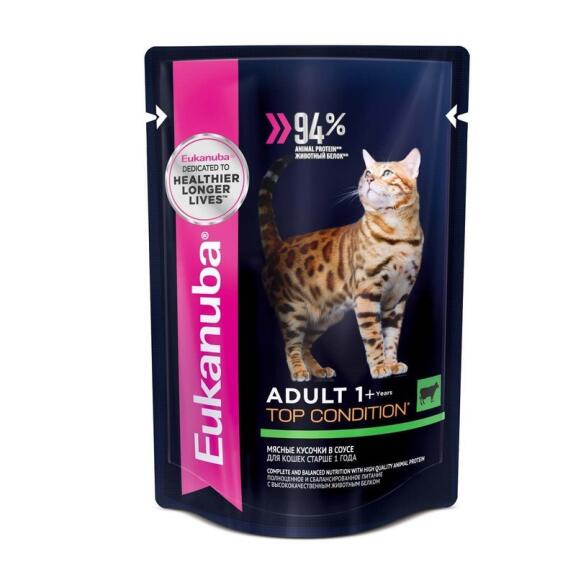 85гр Корм Eukanuba CAT ADULT BEEF  для кошек с Говядиной в соусе