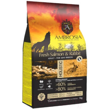 1,5кг Корм сухой холистик "AMBROSIA GRAIN FREE" для собак мелких пород, Лосось и кролик