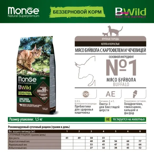 10кг Корм Monge Cat Bwild Grain Free Large Breed BUFFALO / POTATOES беззерновой для котят и взрослых кошек крупных пород с Буйволом и картофелем "Бридер"