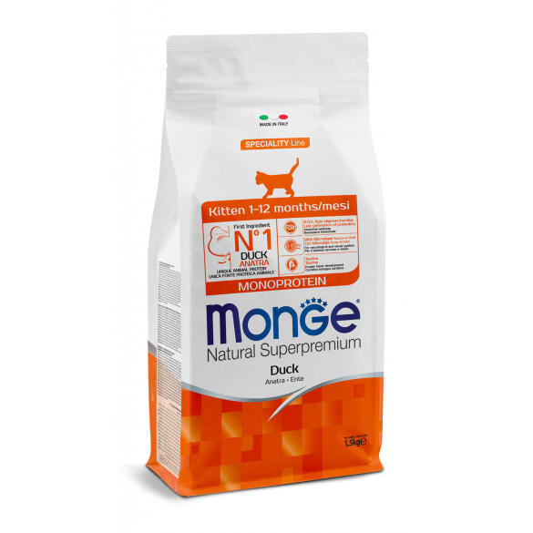 1,5кг Корм Monge Cat Monoprotein Kitten Duck Монопротеиновый для котят и беременных кошек с Уткой
