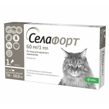 Капли на холку Селафорт KRKA от блох, клещей, глистов, а также при болезнях ушей и кожи для кошек 7,6 - 10кг, 1шт*60мг/1мл