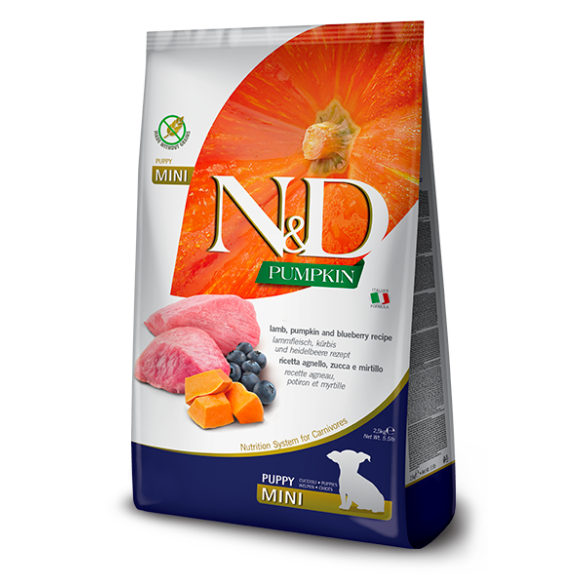 0,8кг Корм Farmina N&D Grain Free Pumpkin Dog Lamb & Blueberry Puppy Mini беззерновой для щенков мелких пород с Ягненком, черникой и тыквой