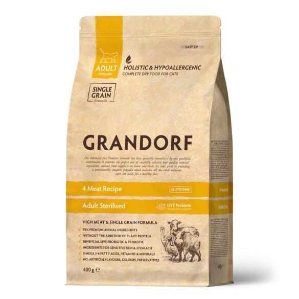 0,4кг Корм GRANDORF CAT 4 Meat PROBIOTIC STERILISED низкозерновой для стерилизованных кошек с пробиотиками и 4 вида мяса