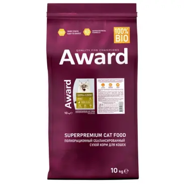 10кг Корм Award Hairball & Indoor для взрослых кошек для выведения шерсти с Уткой и Индейкой с добавлением зеленой чечевицы и Юкки Шидигера