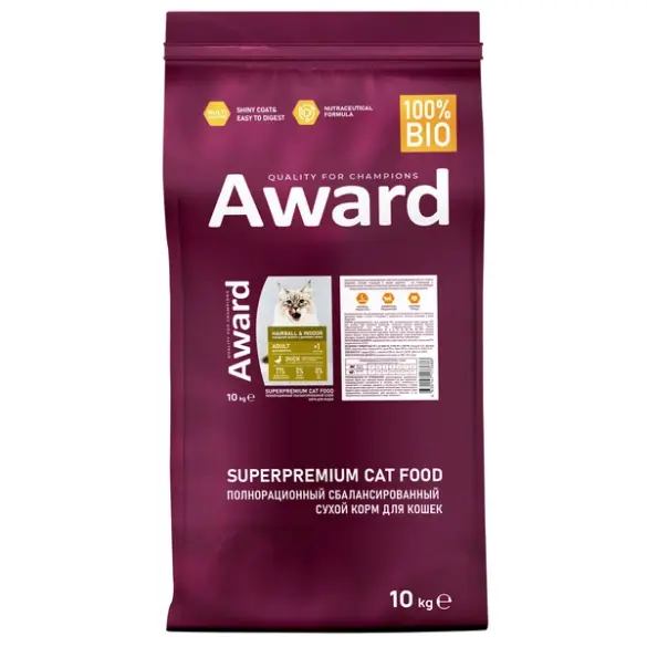 10кг Корм Award Hairball & Indoor для взрослых кошек для выведения шерсти с Уткой и Индейкой с добавлением зеленой чечевицы и Юкки Шидигера