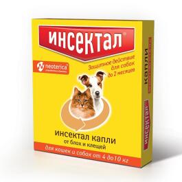 Капли на холку Инсектал от блох и клещей для кошек и собак 4-10кг, 1шт
