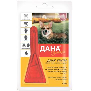Капли на холку Дана Ультра Apicenna от блох и клещей для для собак и щенков 5-10кг, 1шт*0,8мл
