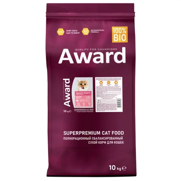 10кг Корм Award Healthy growth для котят от 1 месяца, беременных и кормящих кошек с Индейкой и Курицей с добавлением рыбьего жира и семян льна