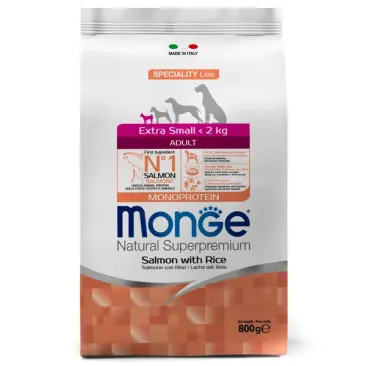 0,8кг Корм Monge Dog Extra Small Salmon/Rice для взрослых собак миниатюрных пород c Лососем и рисом