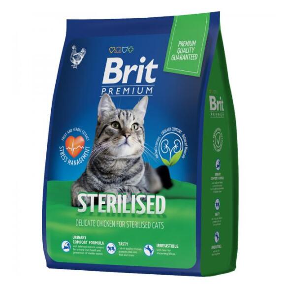 2кг Корм Brit Premium Cat Sterilised Chicken для стерилизованных кошек с Курицей