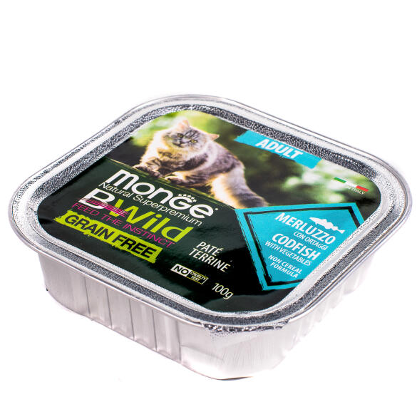 100гр Влажный корм Monge Cat BWild Grain Free Adult Merluz/vegetables беззерновой для взрослых кошек с Треской и овощами, паштет