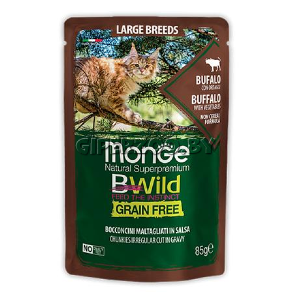 85гр Влажный корм Monge Cat BWild Grain Free Large Breeds Buffalo/vegetables беззерновой для котят и взрослых кошек крупных пород с Буйволом и овощами (пауч)