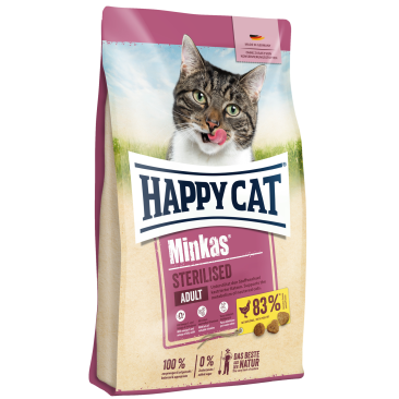 1,5кг Корм Happy Cat Minkas Sterilised Adult 33/9 для взрослых кошек, профилактирующий избыточный вес и мочекаменные заболевания с домашней Птицей