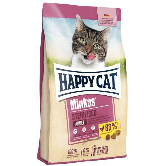 1,5кг Корм Happy Cat Minkas Sterilised Adult 33/9 для взрослых кошек, профилактирующий избыточный вес и мочекаменные заболевания с домашней Птицей