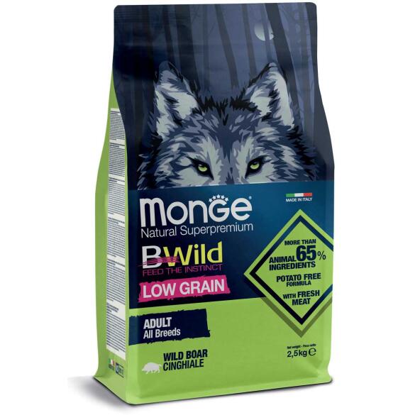 12кг Корм Monge Dog BWild Low Grain Adult Wild Boar низкозерновой для взрослых собак всех пород с мясом Дикого Кабана