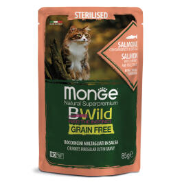 85гр Влажный корм Monge Cat BWild Grain Free Sterilised Salmon/vegetables беззерновой для стерилизованных кошек с Лососем, креветками и овощами (пауч)