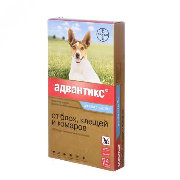 Капли на холку Bayer Адвантикс от блох, клещей и комаров для собак 4-10кг, 1шт*1мл