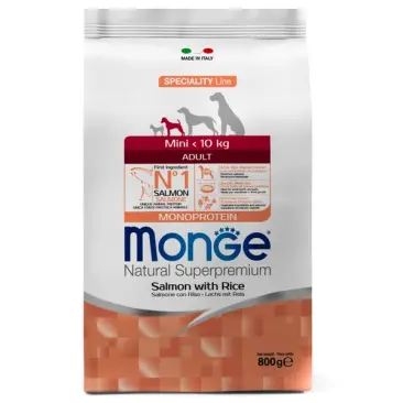 0,8 кг Корм Monge Dog Monoprotein Mini Adult Salmon/Rice для взрослых собак мелких пород с Лососем и рисом