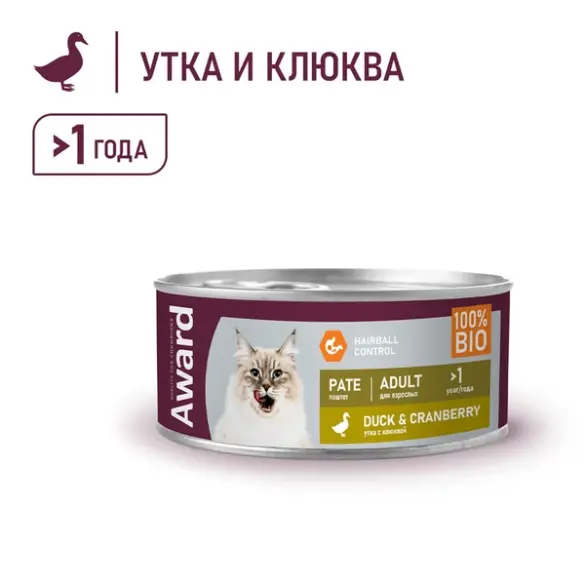 100гр Консервы Award для взрослых кошек паштет из Утки с клюквой