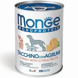400гр Консервы Monge Dog Natural Monoprotein FRUIT Turkey/Citrus Fruits для взрослых собак, паштет из Индейки с цитрусовыми