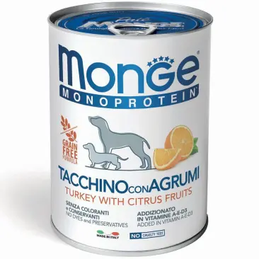 400гр Консервы Monge Dog Natural Monoprotein FRUIT Turkey/Citrus Fruits для взрослых собак, паштет из Индейки с цитрусовыми