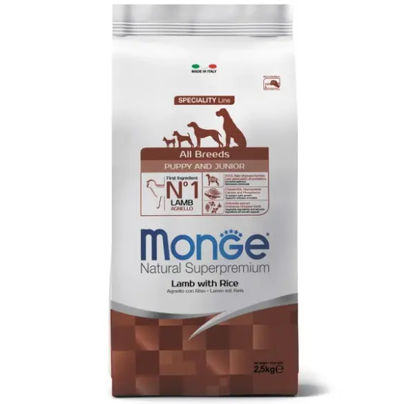 2,5кг Корм Monge Dog Monoprotein Puppy&Junior Lamb/Rice для щенков всех пород c Ягненком и рисом