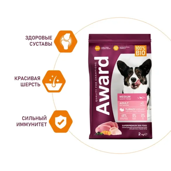 2кг Корм Award для взрослых собак средних пород с Индейкой и Курицей с добавлением моркови и черной смородины
