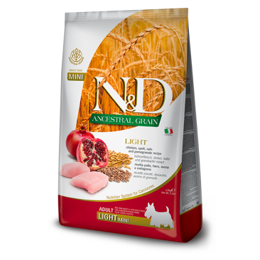2,5кг Корм Farmina N&D Ancestral Grain Dog Light Chicken&Pomegranate Adult Mini низкозерновой для взрослых собак мелких пород с избыточным весом с Курицей и гранатом