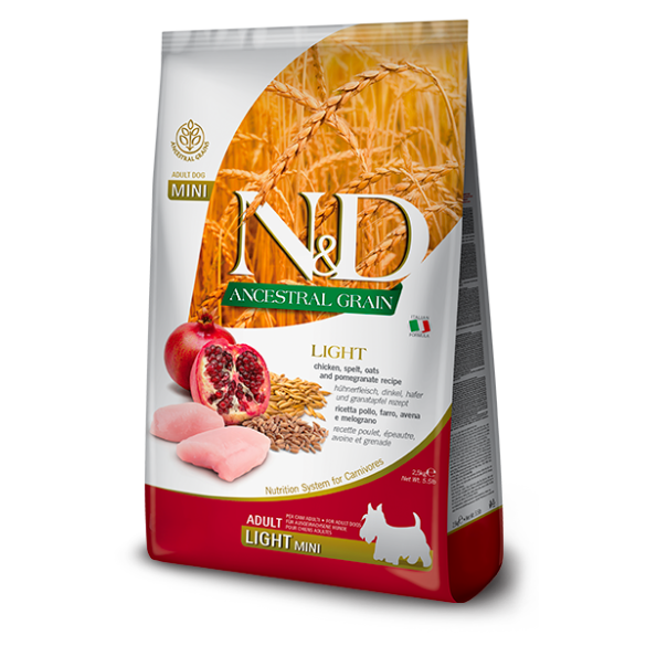 2,5кг Корм Farmina N&D Ancestral Grain Dog Light Chicken&Pomegranate Adult Mini низкозерновой для взрослых собак мелких пород с избыточным весом с Курицей и гранатом