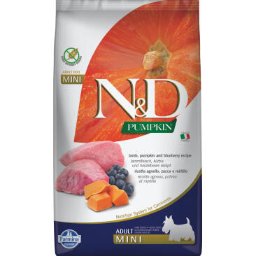 0,8кг Корм Farmina N&D Grain Free Pumpkin Dog Lamb & Blueberry Adult Mini беззерновой для взрослых собак мелких пород с Ягненком, черникой и тыквой