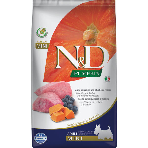 0,8кг Корм Farmina N&D Grain Free Pumpkin Dog Lamb & Blueberry Adult Mini беззерновой для взрослых собак мелких пород с Ягненком, черникой и тыквой